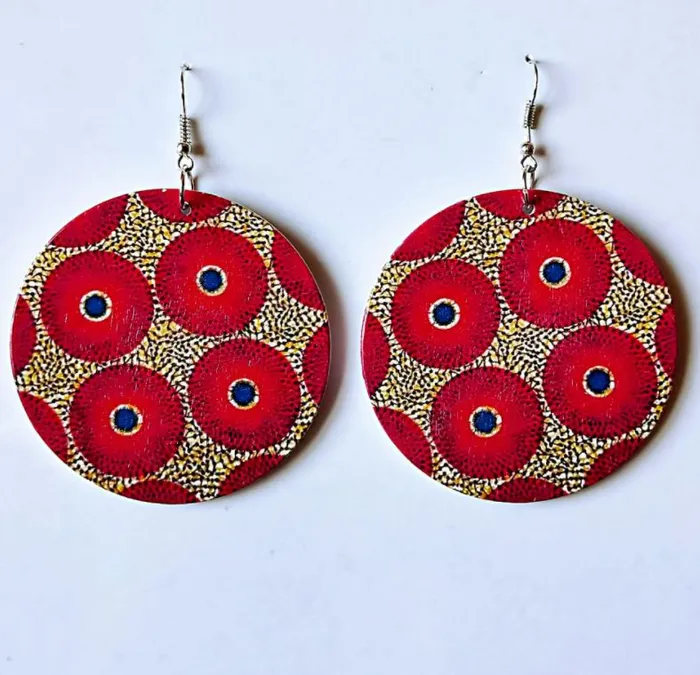 E1545 Red Abstract Circles Wooden Retro Earrings 01 Earrings