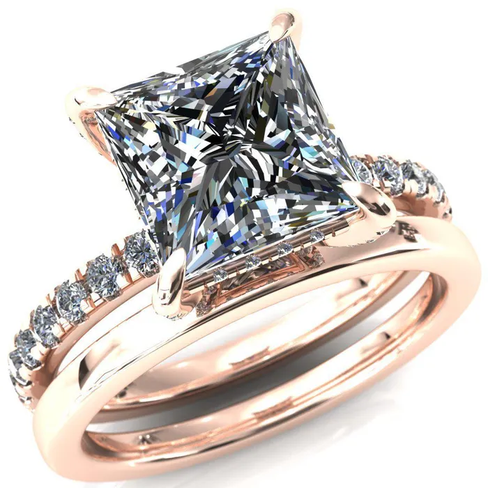 Fire Brilliance Rings Daneli PrincessSquare Moissanite 4 Claw Prong Micro Pave Diamond Sides Engagement Ring