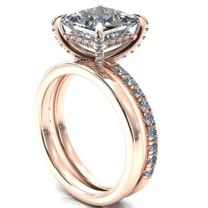 Fire Brilliance Rings Daneli PrincessSquare Moissanite 4 Claw Prong Micro Pave Diamond Sides Engagement Ring