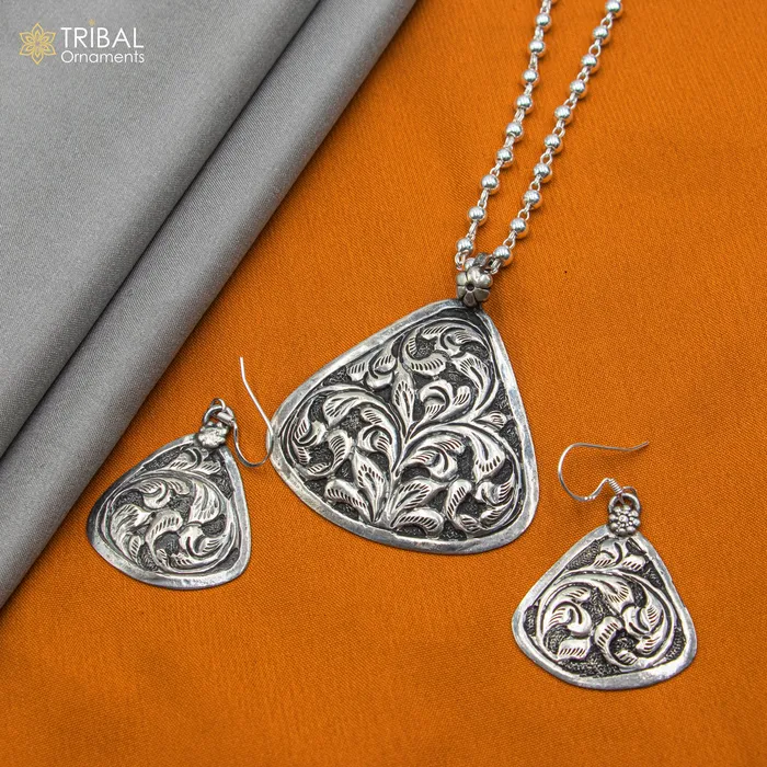 Necklaces TRIBAL ORNAMENTS 30 925 sterling silver handmade beaded chain with chitai design long necklace traditional cultural functional pendant necklace jewelry Set714