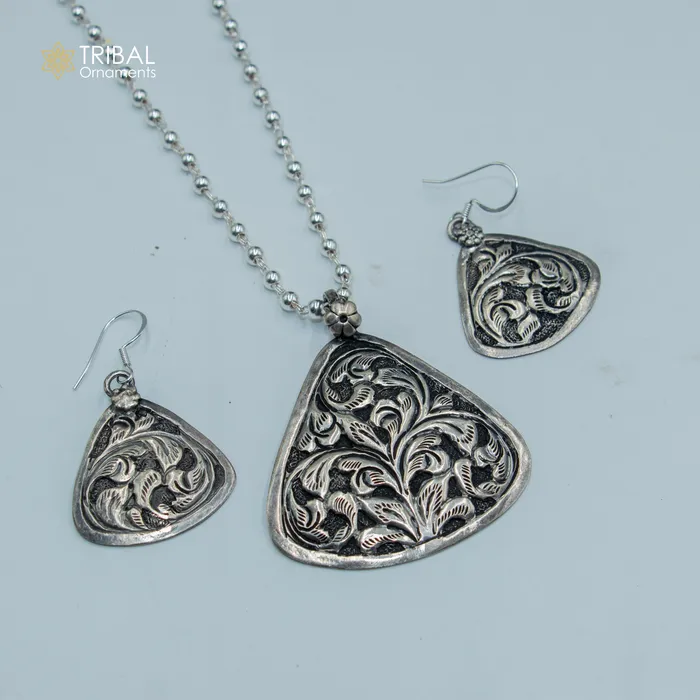 Necklaces TRIBAL ORNAMENTS 30 925 sterling silver handmade beaded chain with chitai design long necklace traditional cultural functional pendant necklace jewelry Set714