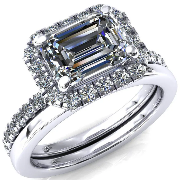 Talia Emerald Moissanite EastWest 4 Prong Halo 58 Micropave Ring Fire Brilliance Rings