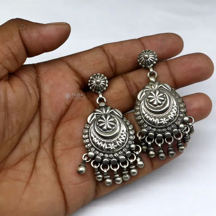 TRIBAL ORNAMENTS Earrings 925 sterling silver unique work floral design stud earrings with hanging drops ethnic brides jewellery India s1317