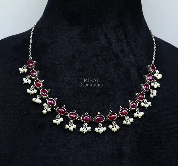 TRIBAL ORNAMENTS Necklaces 925 sterling silver handmade gorgeous red stone and pearls vintage stylish necklace wedding brides charm customized jewelry set340