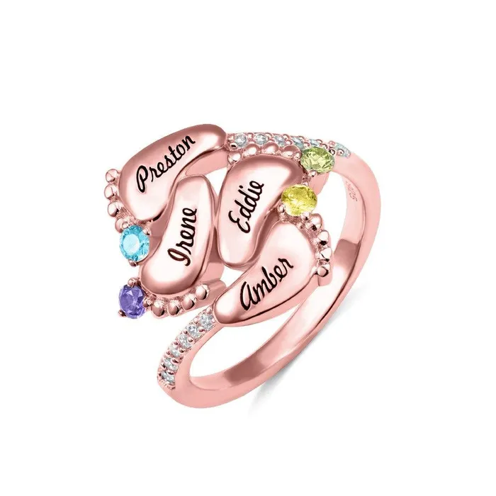 Belbren Rings Personalized Baby Feet Birthstone Ring for Mothers Custom Engraved Names and Birthstones Sterling Silver Gold Rose Gold