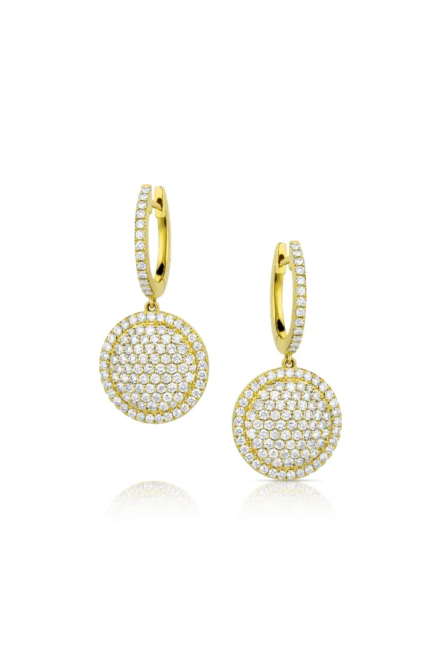 Earrings CJ Charles Jewelers Yellow Gold Pave Diamond Disc Chandelier Earrings