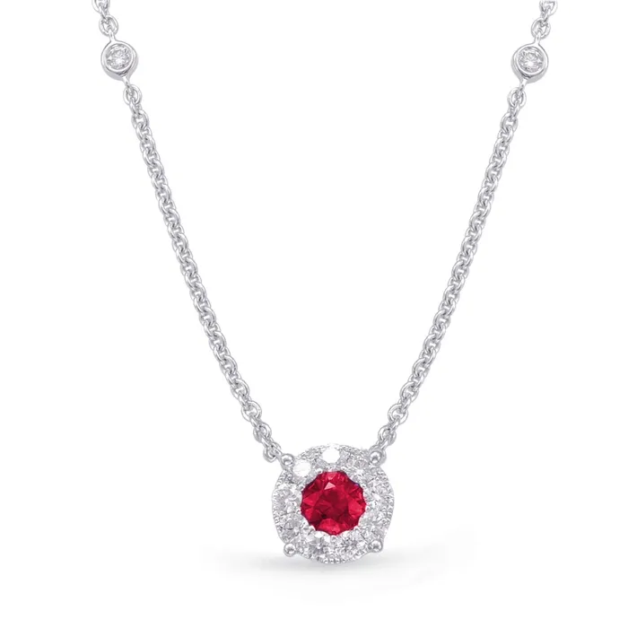 Necklaces Meierotto Jewelers 14K White Gold Round Ruby with Diamond Halo Pendant Necklace