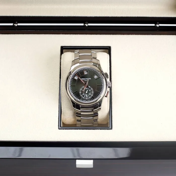 Patek Philippe Complications Annual Calendar Chronograph 42mm Watch Ref 59051A001 Olive Green Dial Stainless Steel Bracelet Patek Philippe Bracelets