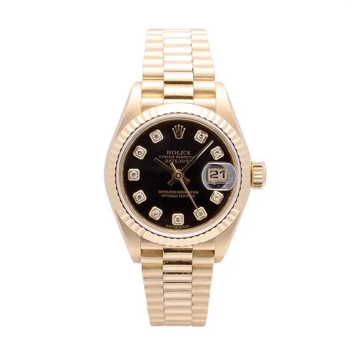 PreStyled Sets Preowned Rolex Rolex Datejust 26 Watch 18K Yellow Gold Black Dial Diamonds Automatic Preowned PreStyled Sets Preowned Rolex Rolex Datejust 26 Watch 18K Yellow Gold Black Dial Diamonds Automatic Preowned