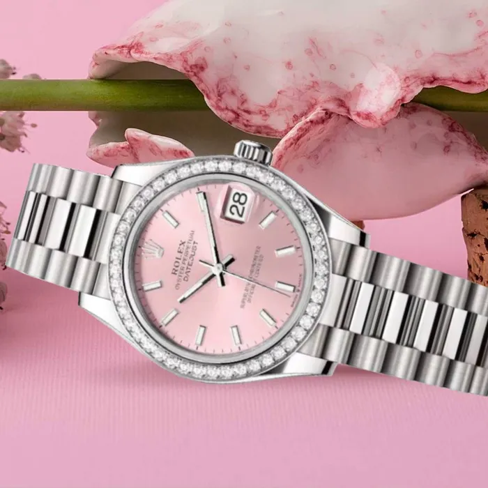 Rolex Bracelets Rolex Datejust 31mm Ref 278289rbr0013 Pink Stick Dial Diamond Bezel 18K White Gold President Bracelet Womens Watch