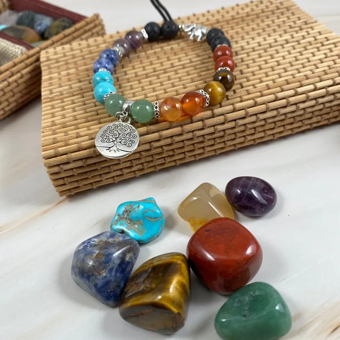 Bracelets Life Changing Energy Tree of Life Elephant Aromatherapy Bracelet and 7 Chakra Stone Box Set