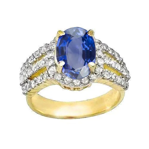 Ceylon Sapphire Oval And Round Natural Earth Mined Diamonds Ring Gold 14K 350 Carats GB Rings
