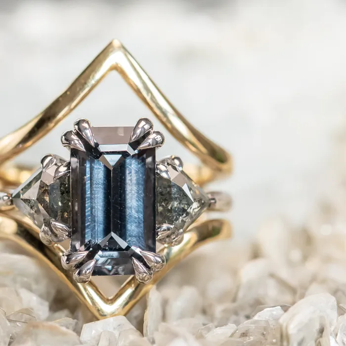 316ct Emerald Cut Spinel Three Stone Ring with Rosecut Diamonds in 14k White gold Anueva Jewelry Rings