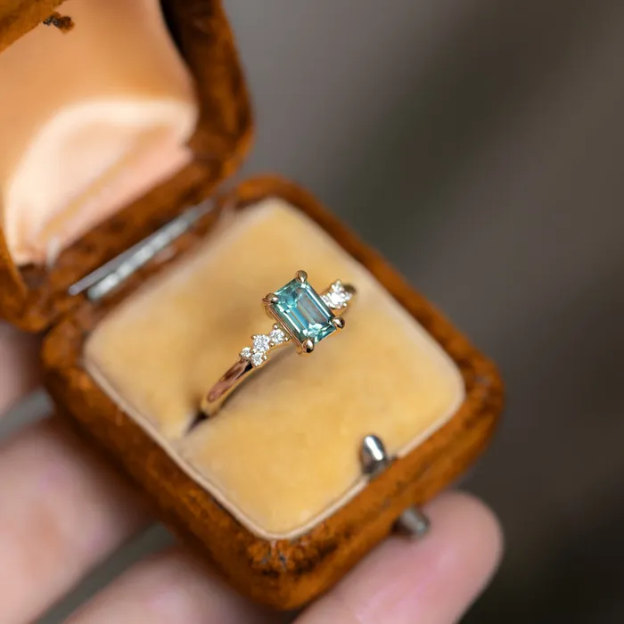 Anueva Jewelry Earrings 113ct Emerald Cut Seafoam Teal Australian Sapphire and Diamond Starry Night Low Profile Solitaire in 14k Yellow Gold