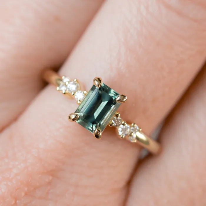 Anueva Jewelry Earrings 113ct Emerald Cut Seafoam Teal Australian Sapphire and Diamond Starry Night Low Profile Solitaire in 14k Yellow Gold