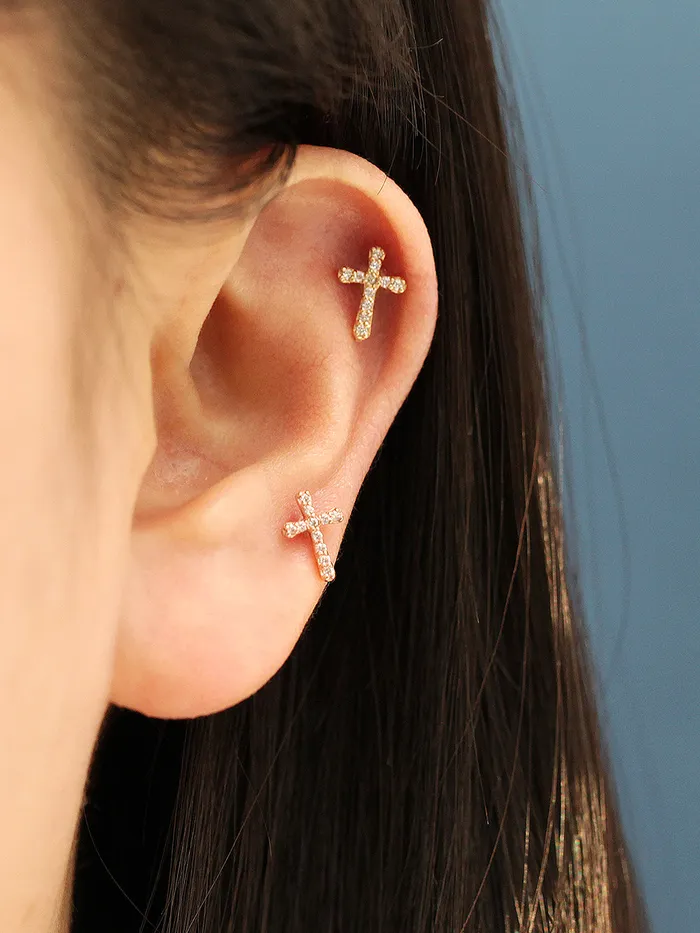MinimalBijoux Earrings 14K Gold Cross Cubic Cartilage Earring 20G18G16G