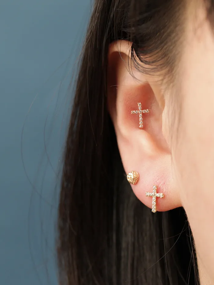 MinimalBijoux Earrings 14K Gold Cross Cubic Cartilage Earring 20G18G16G