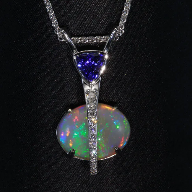 Necklaces Moriartys Gem Art 14K White Gold Oval Cabochon Opal and Tanzanite Pendant