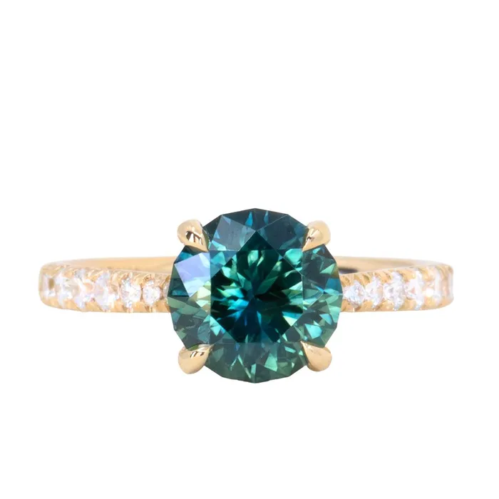 PreStyled Sets Anueva Jewelry 254ct Round Teal Sapphire Hidden Halo Solitaire with French Set Diamonds in 18k Yellow Gold PreStyled Sets Anueva Jewelry 254ct Round Teal Sapphire Hidden Halo Solitaire with French Set Diamonds in 18k Yellow Gold