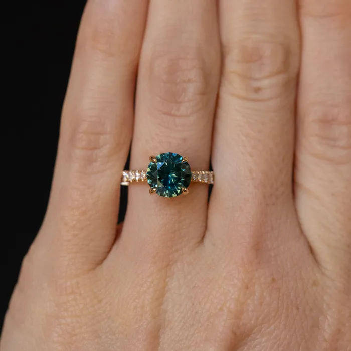 PreStyled Sets Anueva Jewelry 254ct Round Teal Sapphire Hidden Halo Solitaire with French Set Diamonds in 18k Yellow Gold