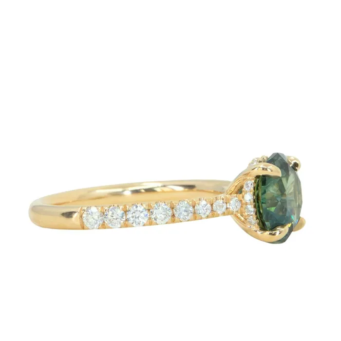PreStyled Sets Anueva Jewelry 254ct Round Teal Sapphire Hidden Halo Solitaire with French Set Diamonds in 18k Yellow Gold