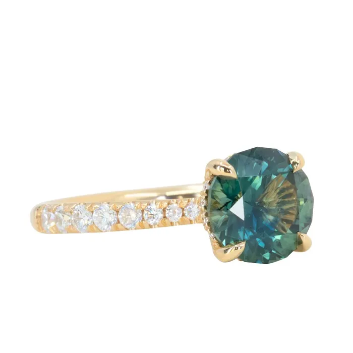 PreStyled Sets Anueva Jewelry 254ct Round Teal Sapphire Hidden Halo Solitaire with French Set Diamonds in 18k Yellow Gold