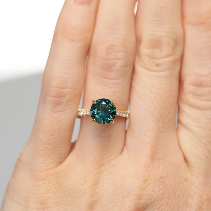 PreStyled Sets Anueva Jewelry 254ct Round Teal Sapphire Hidden Halo Solitaire with French Set Diamonds in 18k Yellow Gold