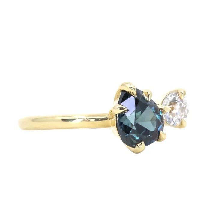 Rings Anueva Jewelry 156ct Deep Teal Blue Pear and Antique Old Mine Cut Diamond Ring in 18k Yellow Gold