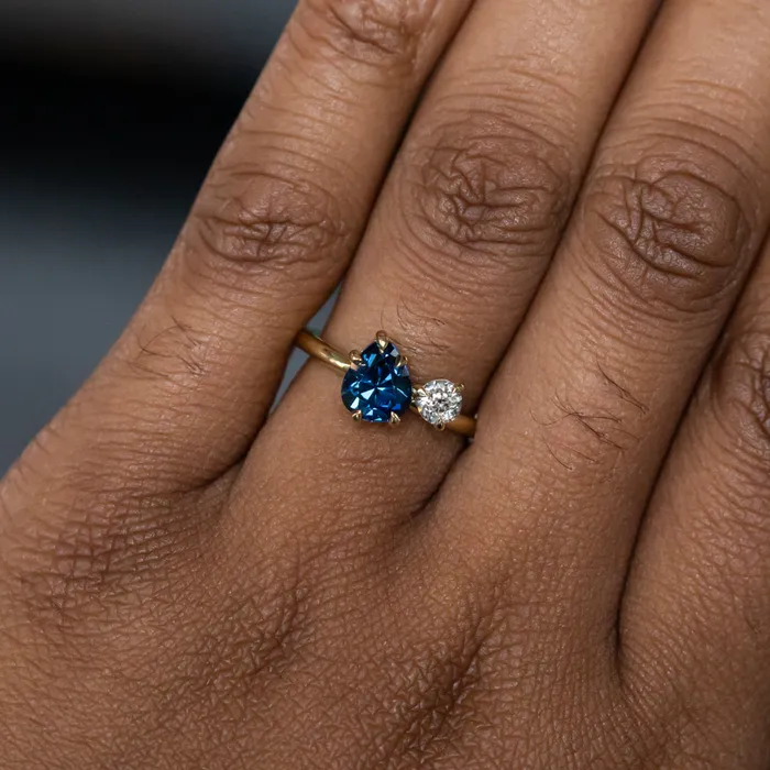 Rings Anueva Jewelry 156ct Deep Teal Blue Pear and Antique Old Mine Cut Diamond Ring in 18k Yellow Gold