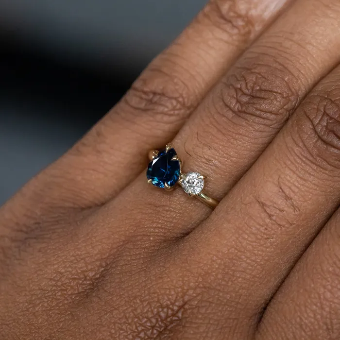Rings Anueva Jewelry 156ct Deep Teal Blue Pear and Antique Old Mine Cut Diamond Ring in 18k Yellow Gold