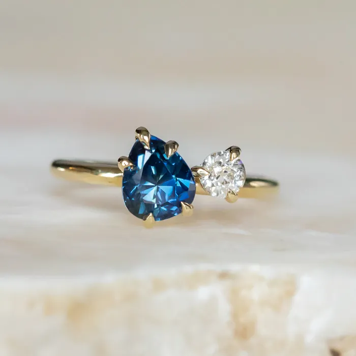 Rings Anueva Jewelry 156ct Deep Teal Blue Pear and Antique Old Mine Cut Diamond Ring in 18k Yellow Gold