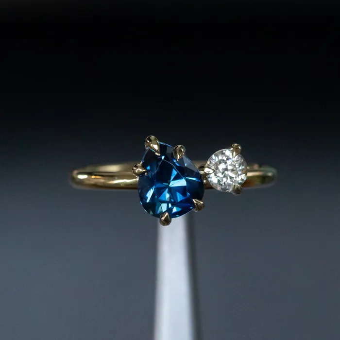 Rings Anueva Jewelry 156ct Deep Teal Blue Pear and Antique Old Mine Cut Diamond Ring in 18k Yellow Gold