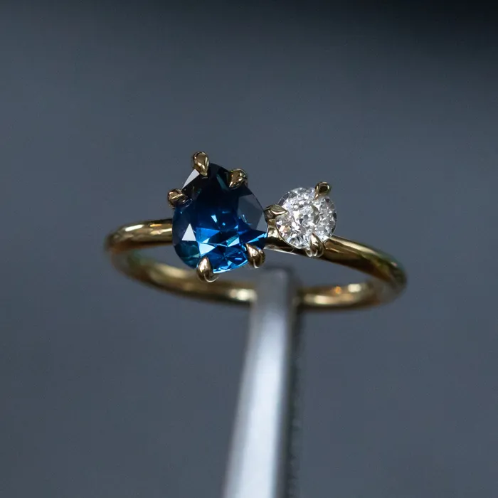 Rings Anueva Jewelry 156ct Deep Teal Blue Pear and Antique Old Mine Cut Diamond Ring in 18k Yellow Gold