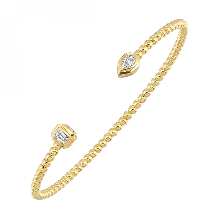 14K Yellow Gold Beaded Cuff Emerald Pear Diamond Bangle 020CTW Gems One Earrings