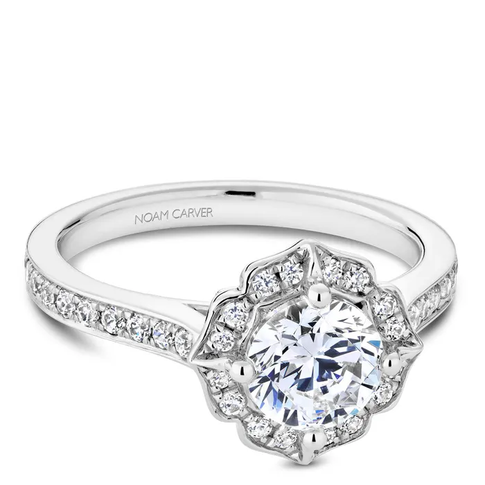 Noam Carver White Gold Diamond Engagement Ring Setting with Floral Halo 036 CTW International Diamond Center Rings