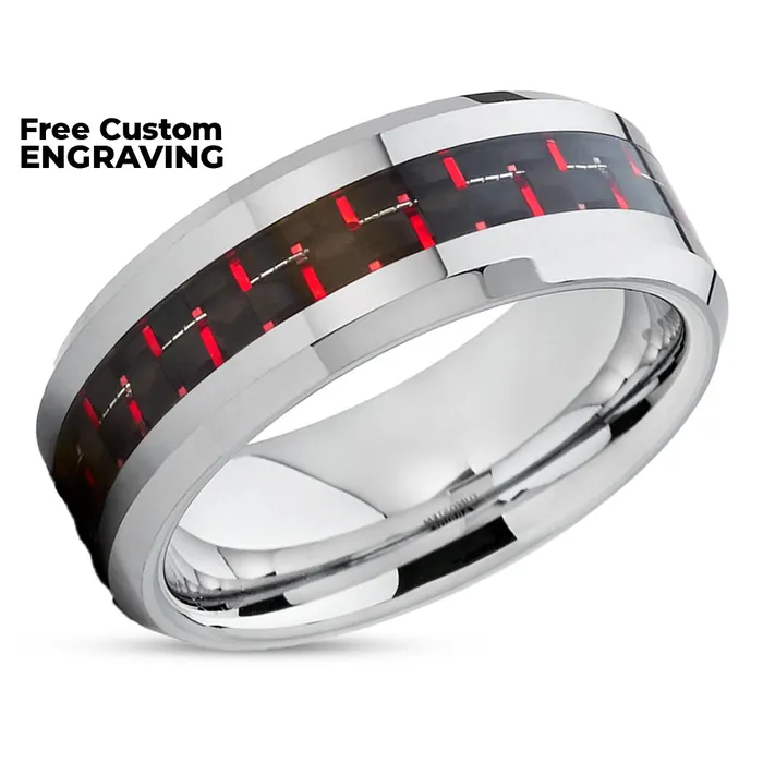 Red Wedding Ring Carbon Fiber Wedding Band Tungsten Wedding Ring Silver Ring Clean Casting Jewelry Rings
