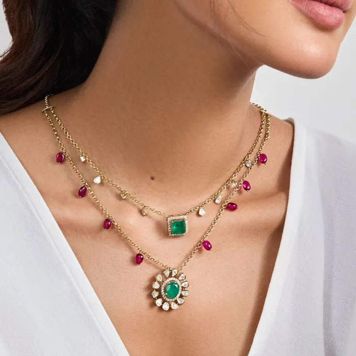 SILVER Necklaces Aarzoo Moissanites and Gemstone Silver Layered Necklace