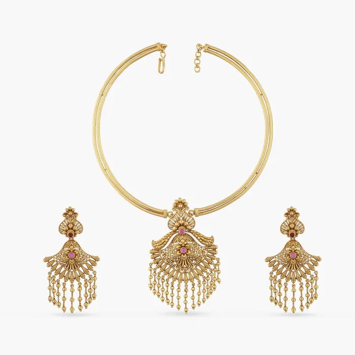 Swara Floral Frill Silver Hasli Necklace Set SILVER Necklaces